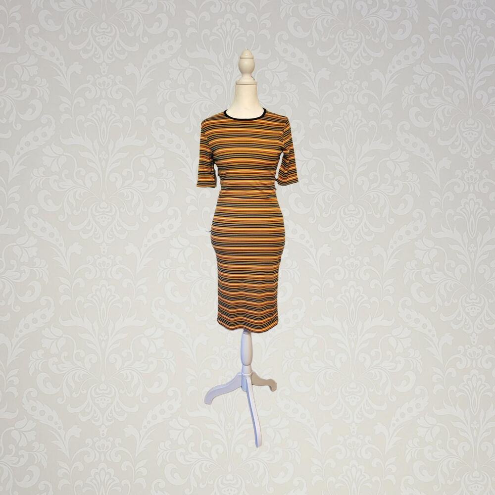 Velvet Torch, M | Stripped Ribbed Fabric Stretchy Short Sleeve Dress With Slip